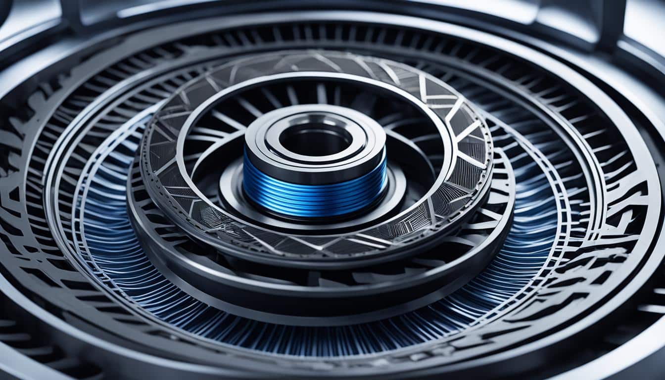 A close-up view of an advanced turbine seal design, featuring sleek and futuristic lines, with intricate patterns etched into the metal surface. The design incorporates advanced materials and innovative features that help to maximize turbine efficiency and performance. The seal appears to be in motion, with a blur effect suggesting rapid rotation and high speeds. The background is dark, with hints of orange and blue highlighting the details of the seal design.