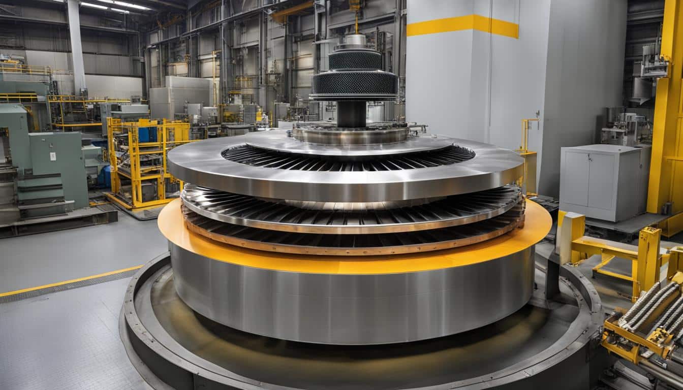 Gas Turbine Rotor Suspended Mid Air Surrounded By A Circle Of Weight Trays And Callibration Equipment