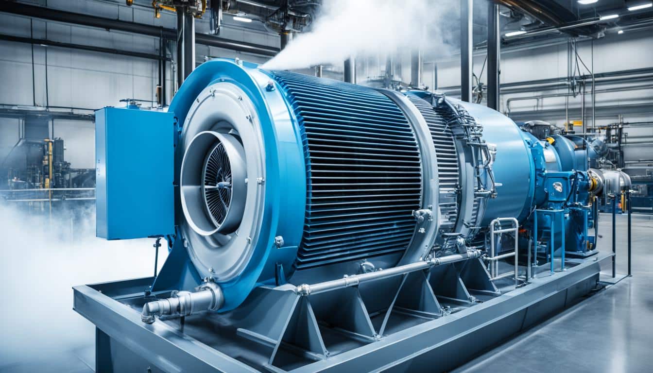 An industrial turbine being cooled with precision using a state-of-the-art cooling system. The turbine is located in a large industrial setting, surrounded by pipes and machinery.
