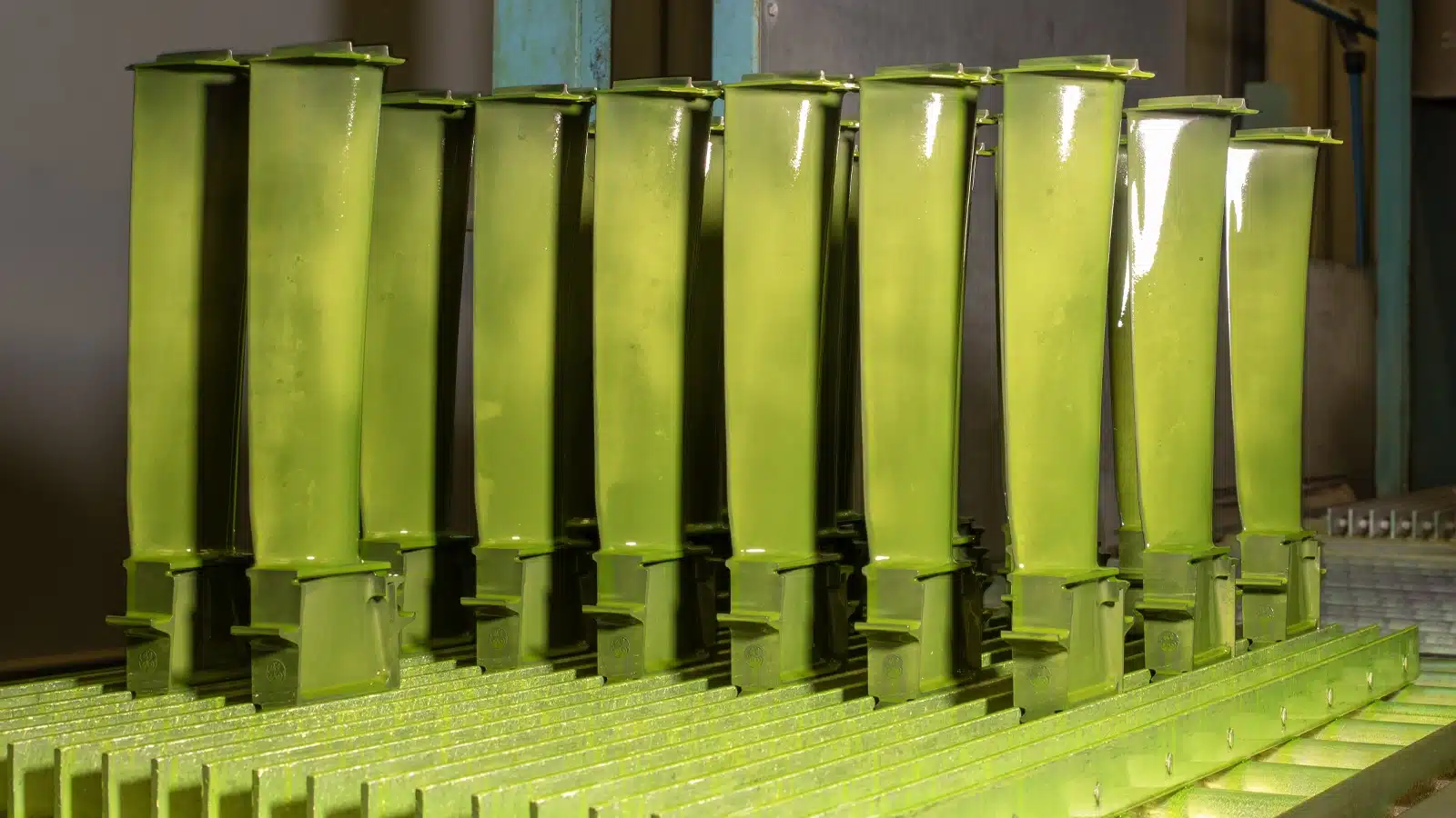 Turbine Blades Being Tested With Floresencent Penetrant Dye