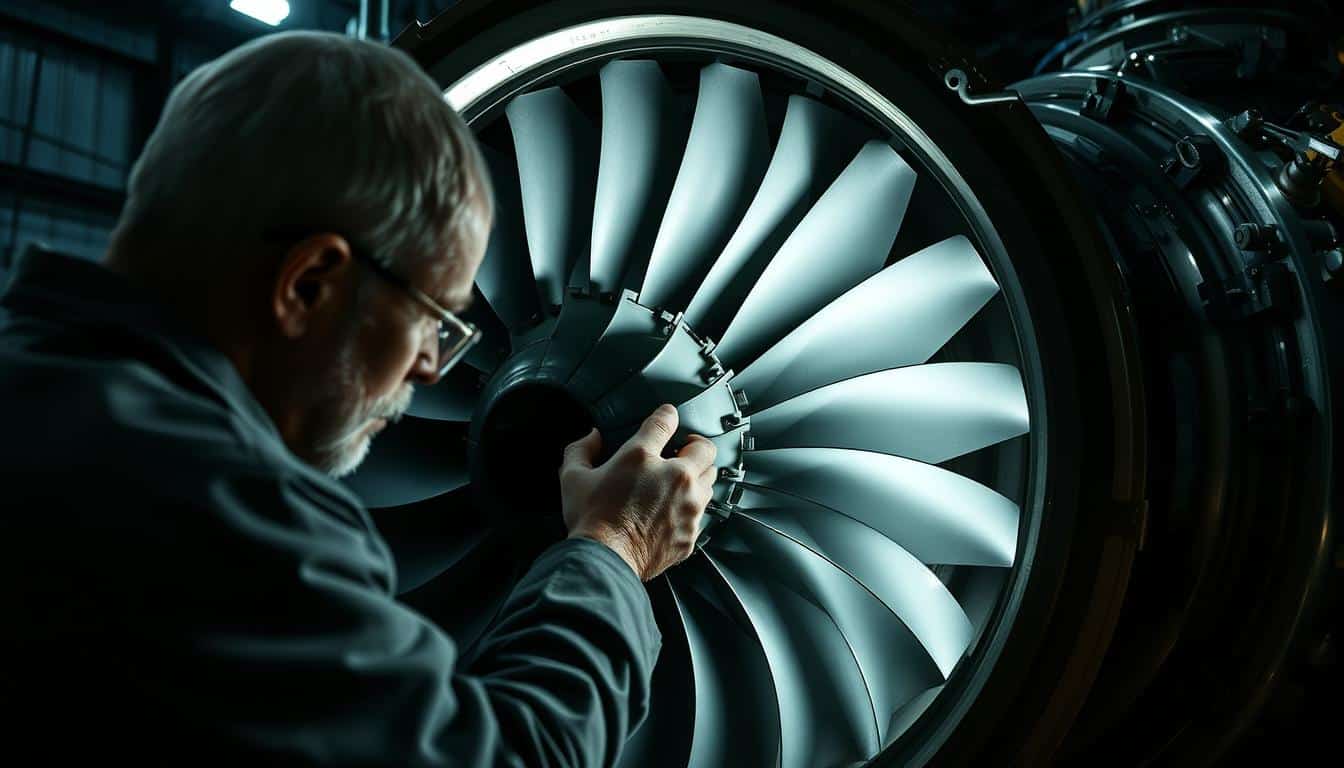 A Technician Closely Inspects The Intricate Blades Of A Gas Turbine Meticulously Examining Their Condition