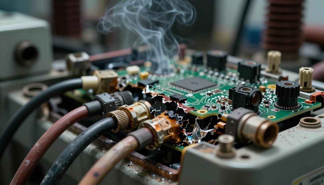 A Close Up View Of Electrical Damage On A Board A Close Up View Of Electrical Damage On A Board