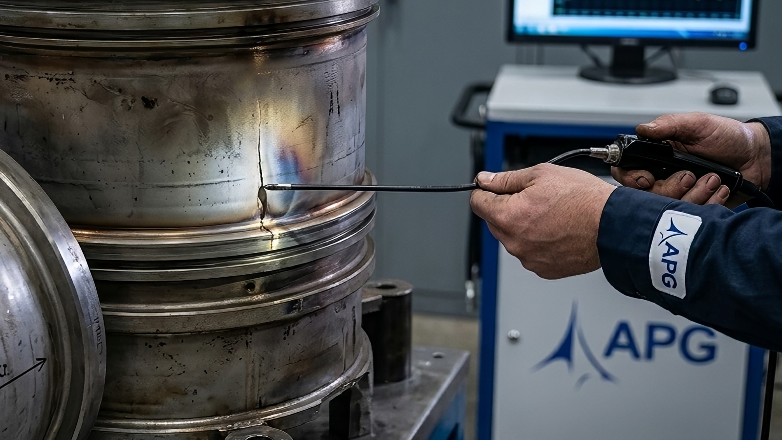 Borescope Probe Examines A Cracked Combustion Liner Tied To Dln 2 6 Tuning Related 7fa Failure Modes Borescope Probe Examines A Cracked Combustion Liner Tied To Dln 2 6 Tuning Related 7fa Failure Modes