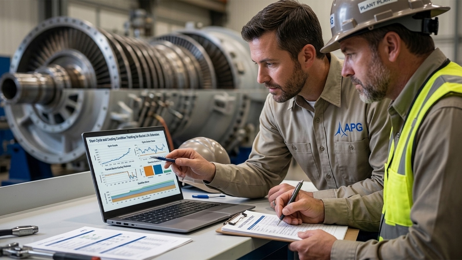 Engineer And Plant Director Reviewing Monitoring Data To Prevent Future 7fa Bucket Cracking Engineer And Plant Director Reviewing Monitoring Data To Prevent Future 7fa Bucket Cracking