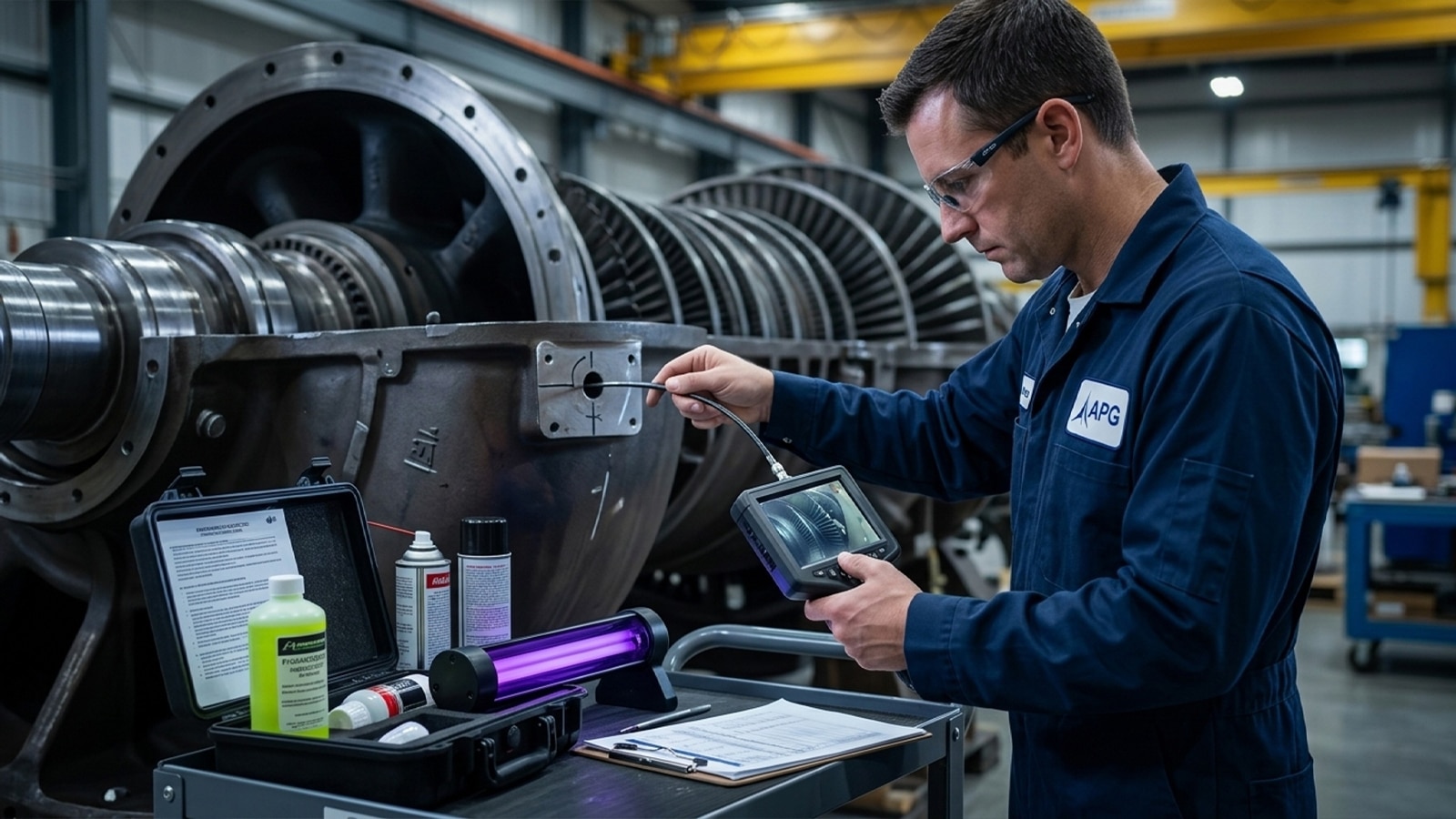 Inspector Performing Borescope Inspection On Turbine Casing To Detect Bucket Cracking Inspector Performing Borescope Inspection On Turbine Casing To Detect Bucket Cracking