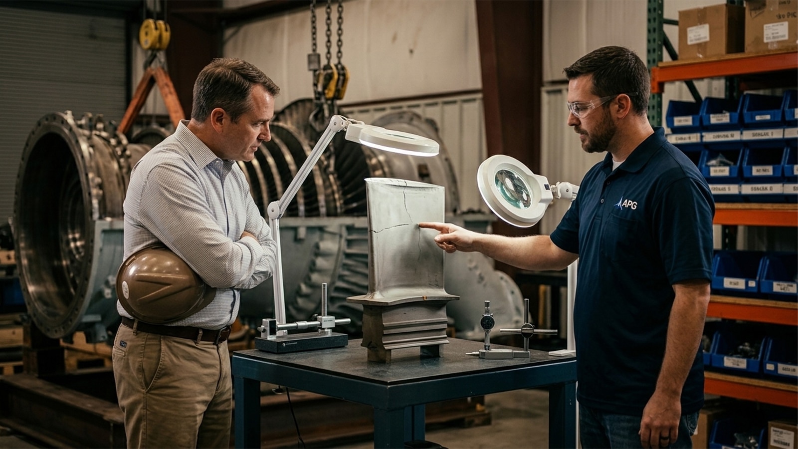 Plant Director And Specialist Examining Cracked Ge 7fa Stage 1 Turbine Bucket On Inspection Stand