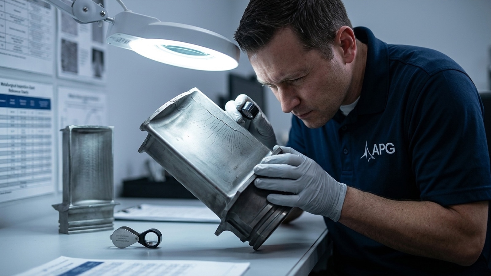 Specialist Examining Fracture Surface Of Cracked Turbine Bucket To Determine Root Cause Specialist Examining Fracture Surface Of Cracked Turbine Bucket To Determine Root Cause
