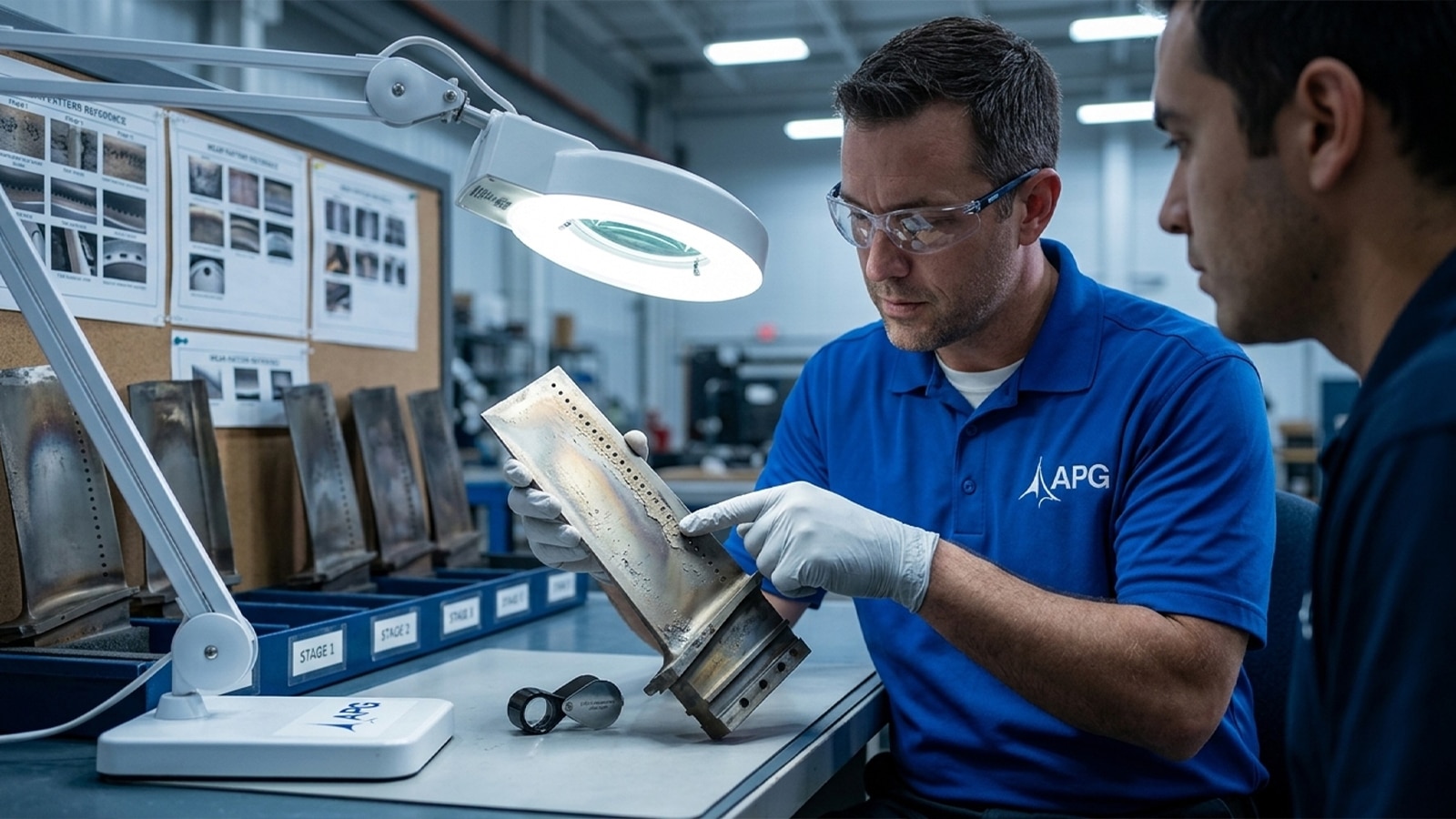 Technician Inspects A Stage 1 Turbine Blade For Tbc Spallation And Cracking Tied To 7fa Failure Modes Technician Inspects A Stage 1 Turbine Blade For Tbc Spallation And Cracking Tied To 7fa Failure Modes