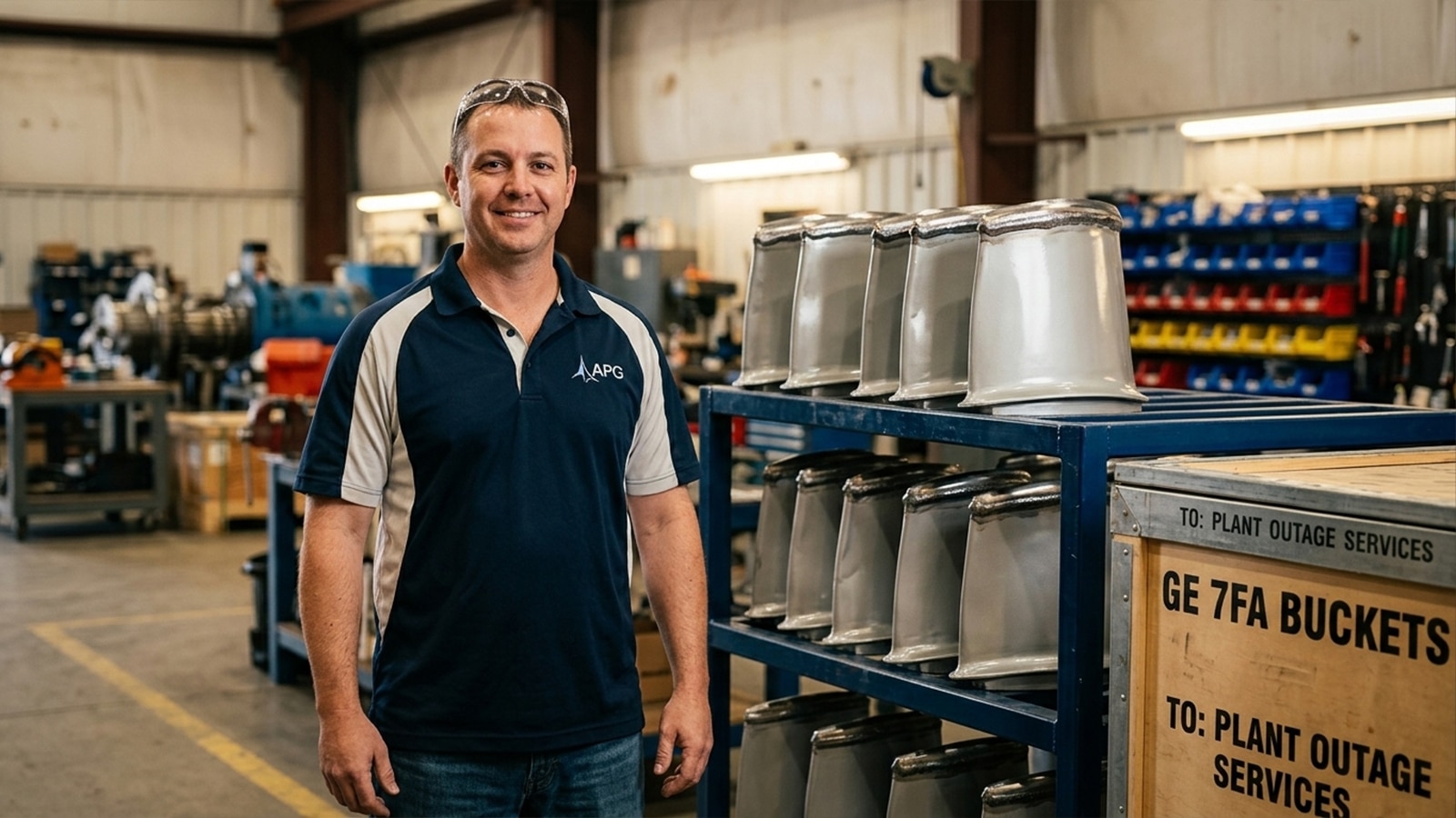 Technician Standing Beside Rack Of Repaired Ge 7fa Turbine Buckets Ready For Outage Delivery Technician Standing Beside Rack Of Repaired Ge 7fa Turbine Buckets Ready For Outage Delivery