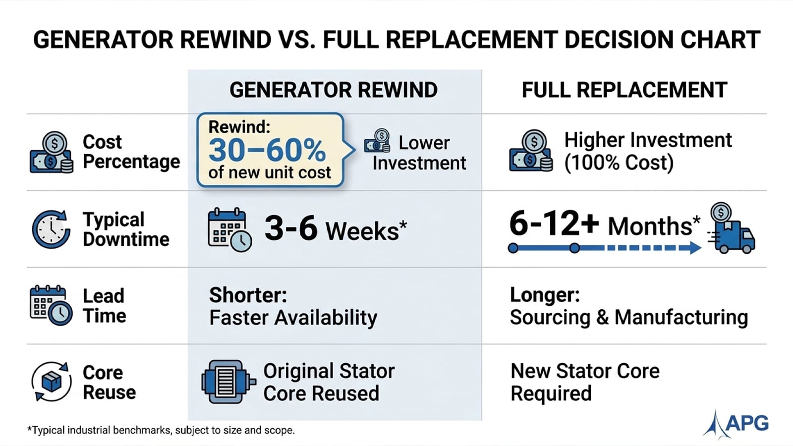 Infographic Comparing Industrial Generator Rewind Versus Replacement Cost And Downtime Infographic Comparing Industrial Generator Rewind Versus Replacement Cost And Downtime