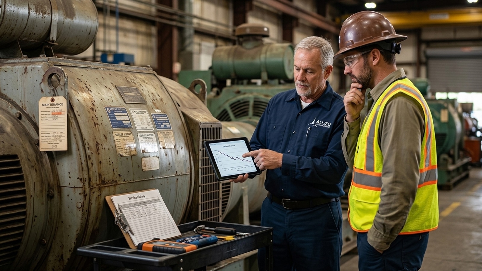 Technician And Plant Manager Reviewing An Aging Generator 039 S Efficiency Data To Weigh Replacement Risk Technician And Plant Manager Reviewing An Aging Generator 039 S Efficiency Data To Weigh Replacement Risk
