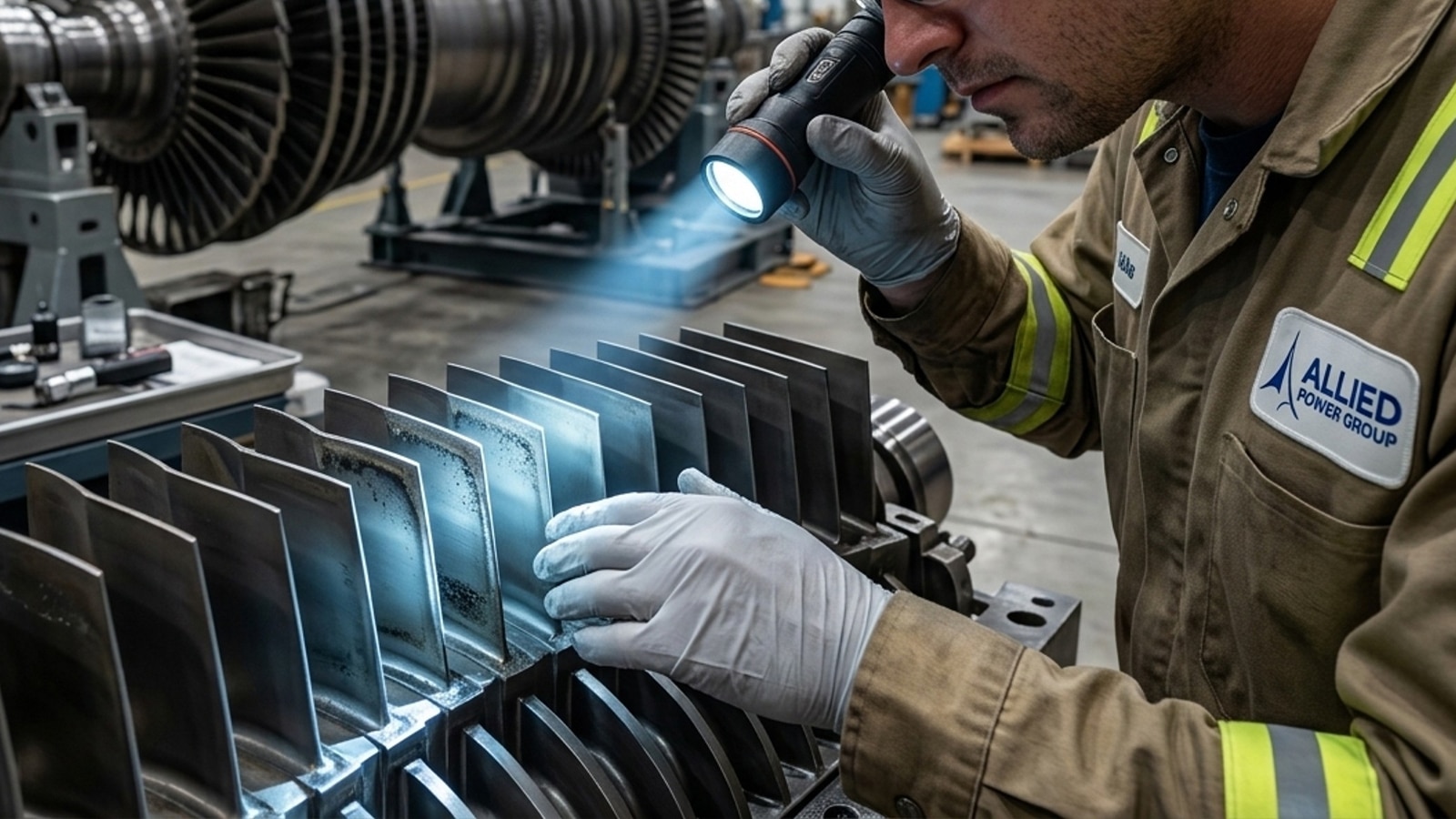 Technician Inspecting Compressor Blades For Fouling And Erosion During Ge 7fa Rotor Inspection Technician Inspecting Compressor Blades For Fouling And Erosion During Ge 7fa Rotor Inspection