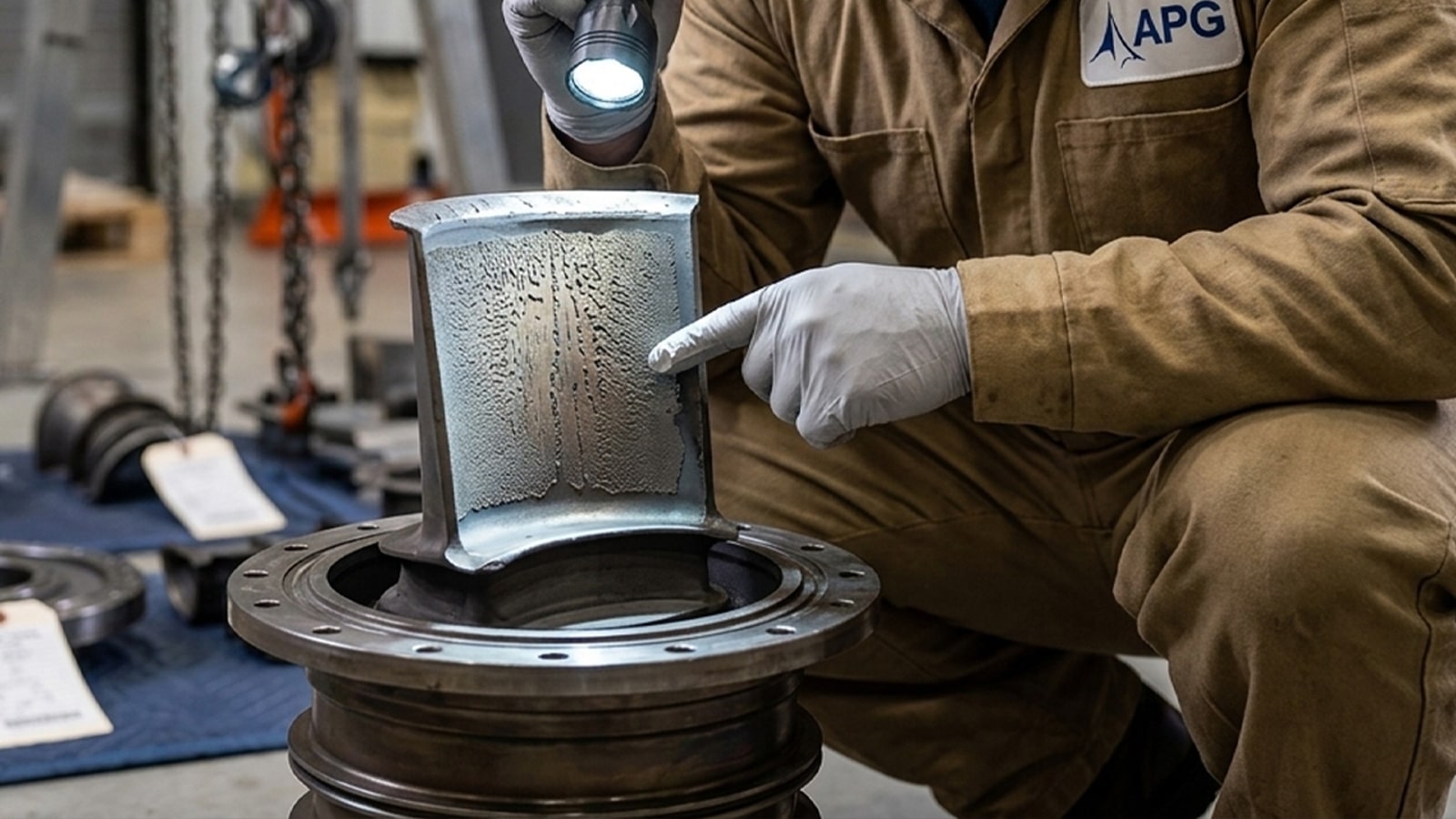 Technician Inspecting Thermal Barrier Coating Wear On Turbine Bucket During Hot Gas Path Inspection Technician Inspecting Thermal Barrier Coating Wear On Turbine Bucket During Hot Gas Path Inspection