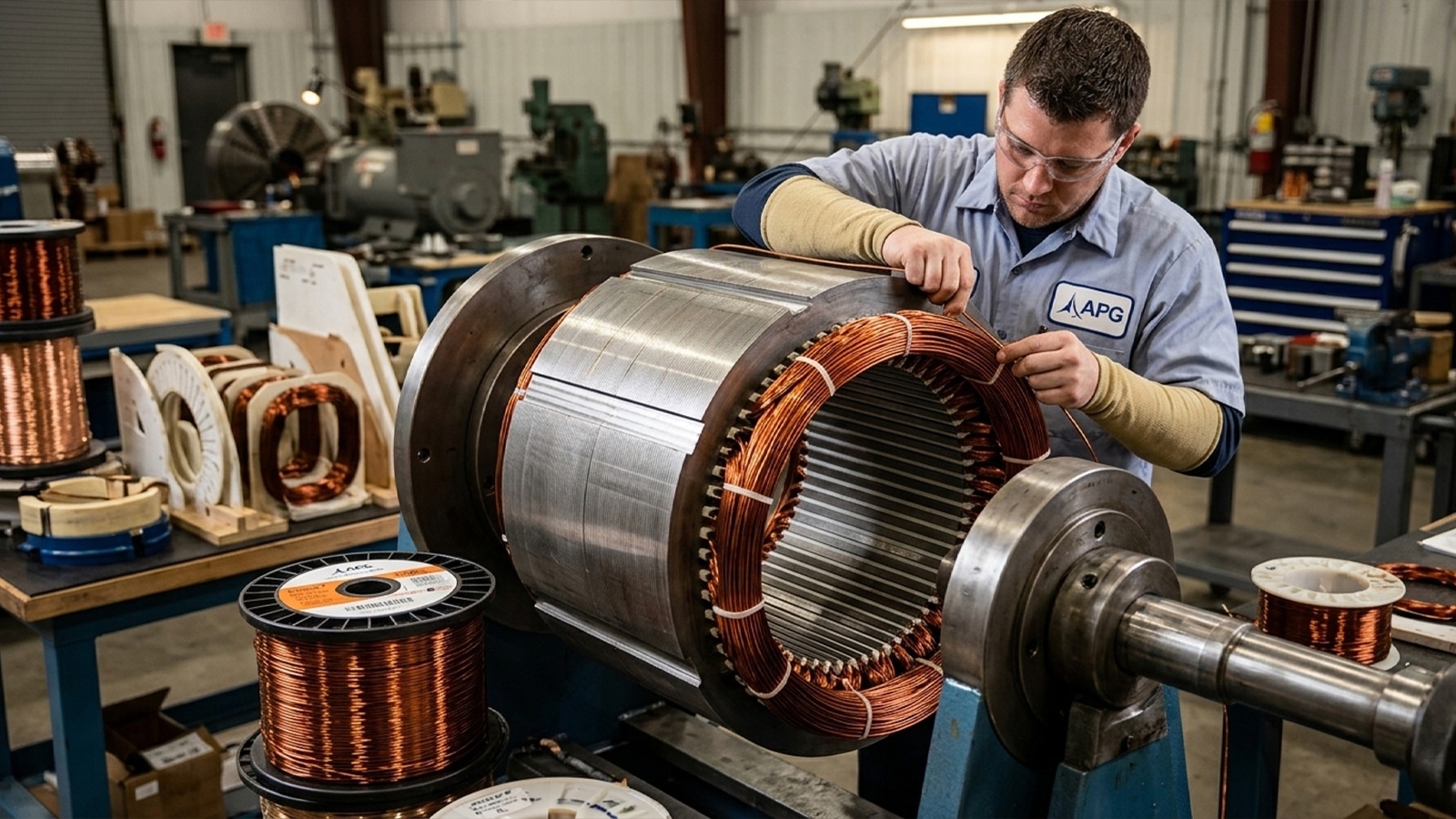 Technician Installing New Copper Windings During The Industrial Generator Rewind Process Technician Installing New Copper Windings During The Industrial Generator Rewind Process