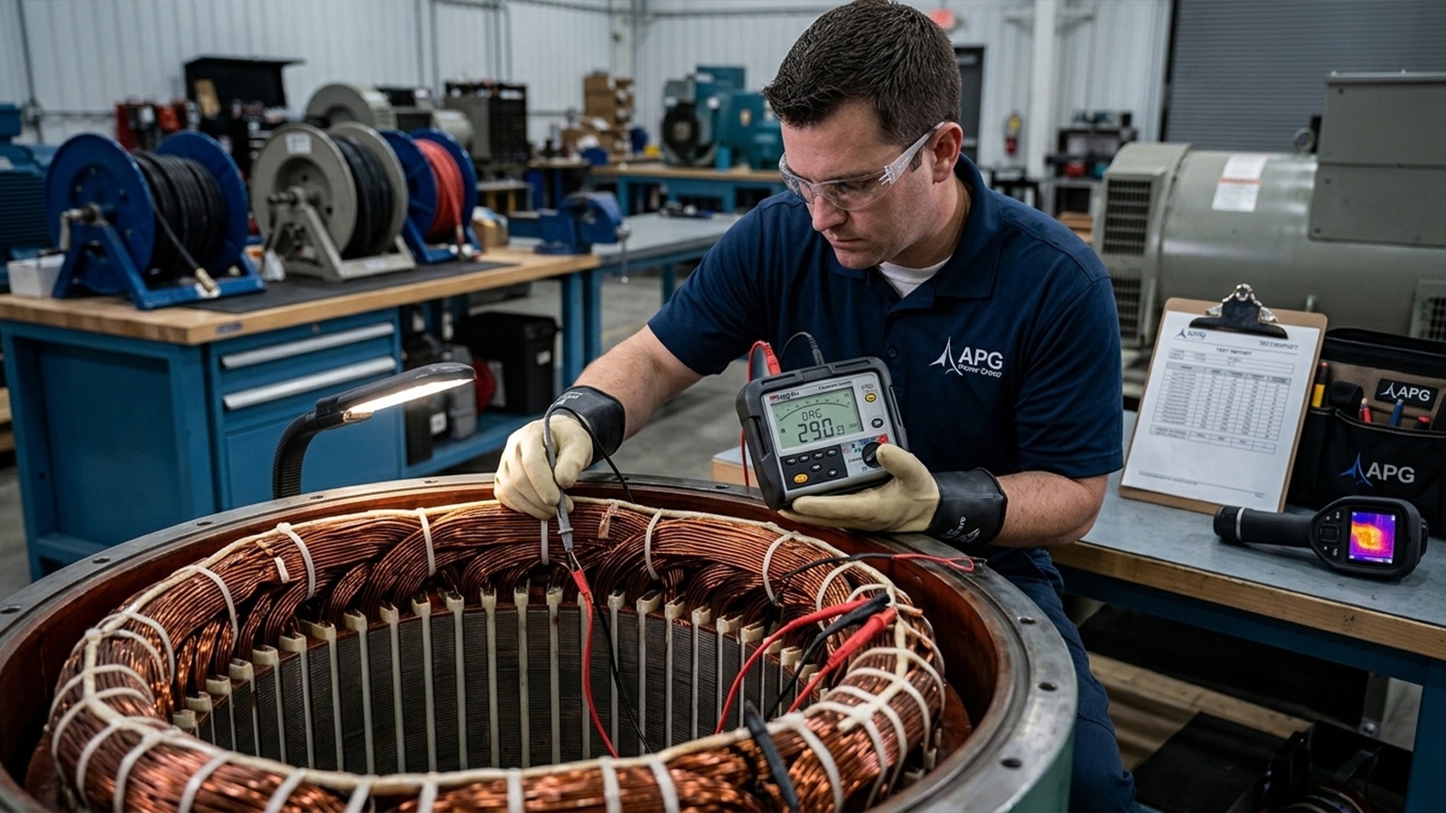 Technician Performing Insulation Resistance Testing On A Generator Stator Winding With A Megger Tester Technician Performing Insulation Resistance Testing On A Generator Stator Winding With A Megger Tester