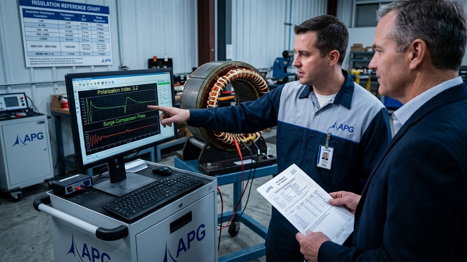 Technician Reviewing Polarization Index Test Results After A Generator Rewind Insulation Class Check Technician Reviewing Polarization Index Test Results After A Generator Rewind Insulation Class Check