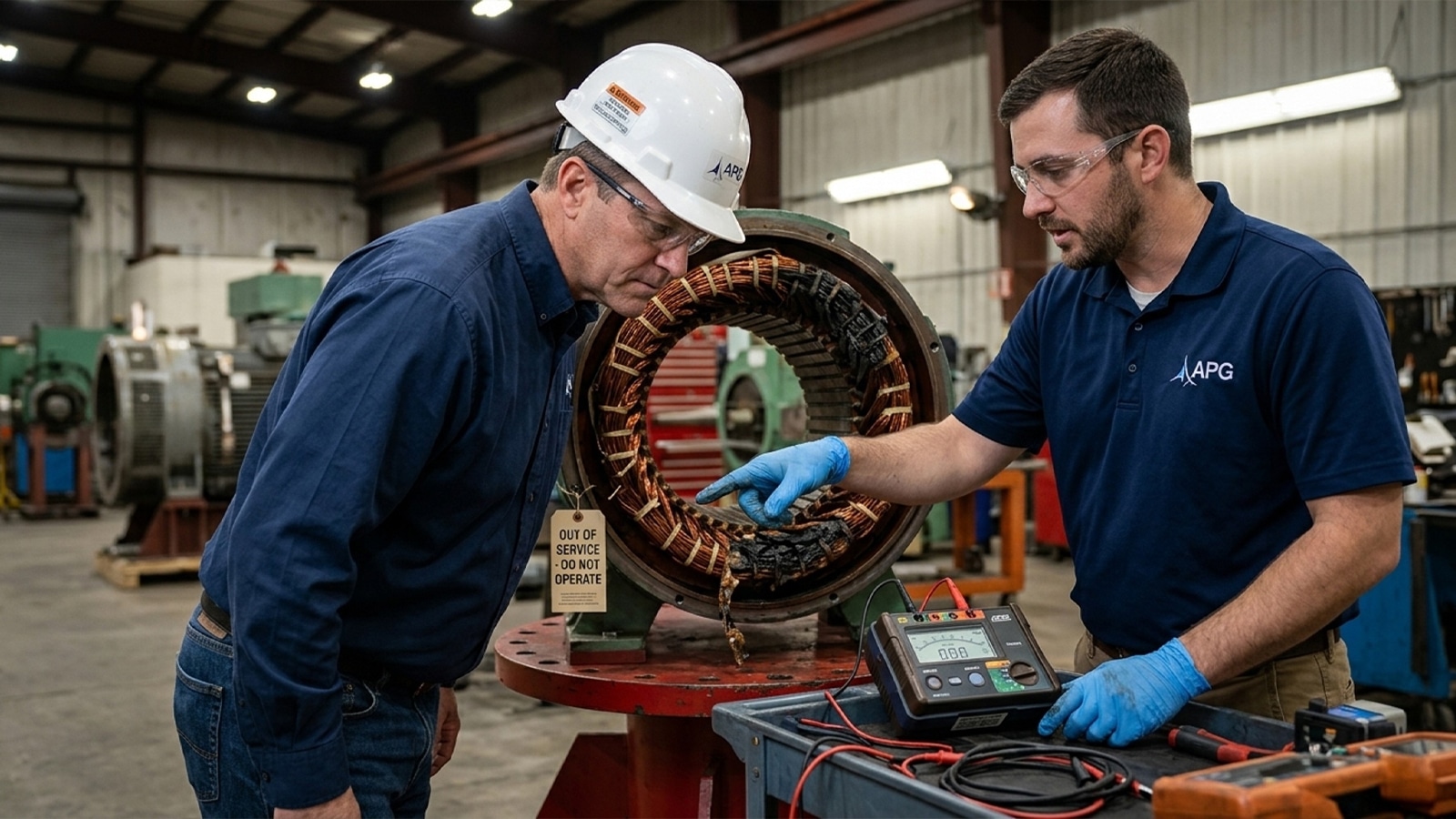 Technician Showing Plant Manager Burned Stator Insulation As A Sign A Generator Needs Rewinding Technician Showing Plant Manager Burned Stator Insulation As A Sign A Generator Needs Rewinding