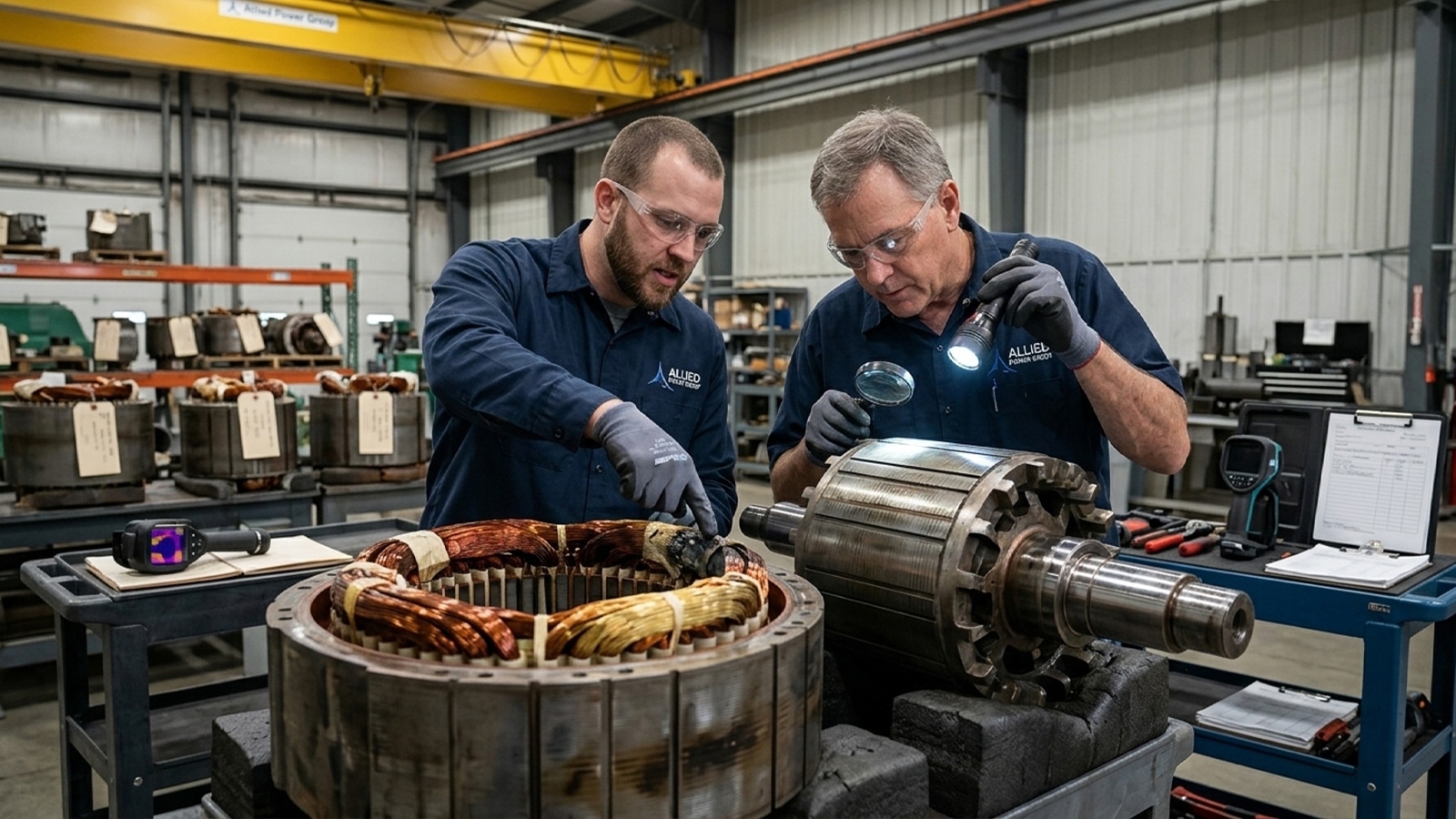 Technicians Comparing Localized Winding Damage Against Rotor Core Condition To Guide Rewind Or Replacement Technicians Comparing Localized Winding Damage Against Rotor Core Condition To Guide Rewind Or Replacement